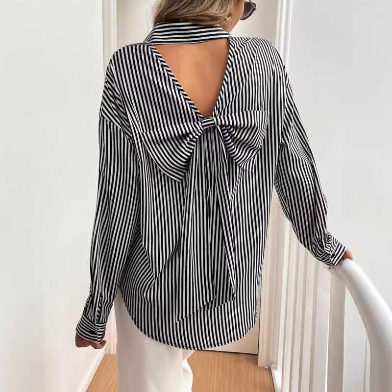 Elegant Striped Button-Up Shirt with Back Bow for Women - Image 3