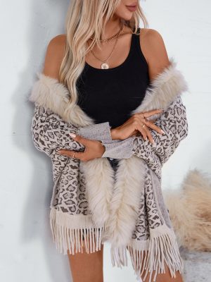 Leopard Print Shawl with Fur Collar – Batwing Sleeve Cardigan