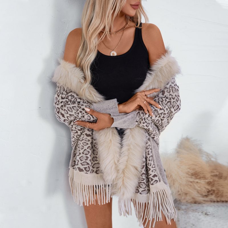 Leopard Print Shawl with Fur Collar - Batwing Sleeve Cardigan