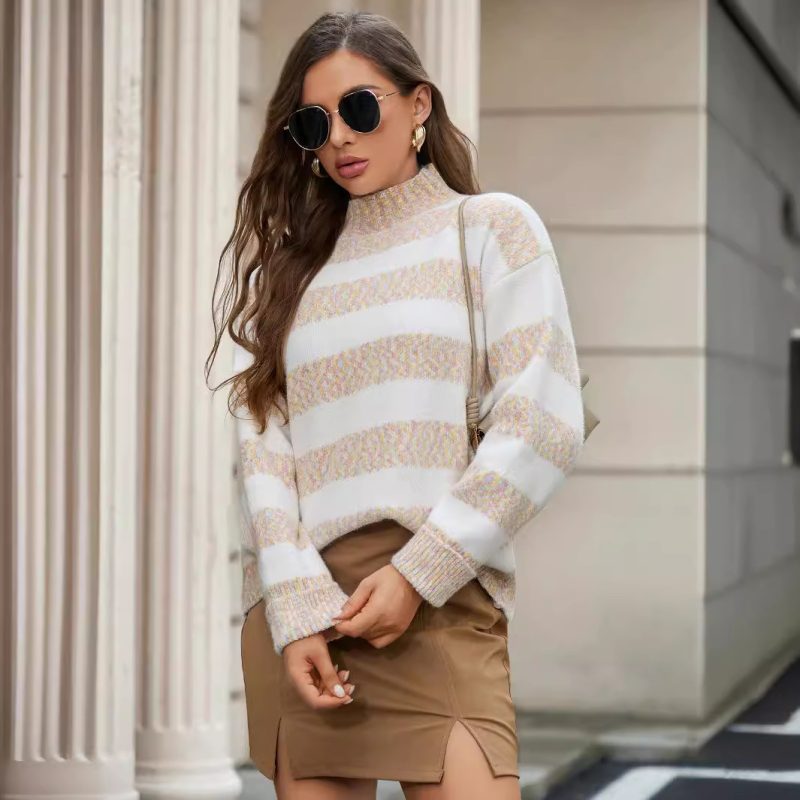 Half Turtleneck Pearl Sweater - Striped Chenille Pullover - Image 3