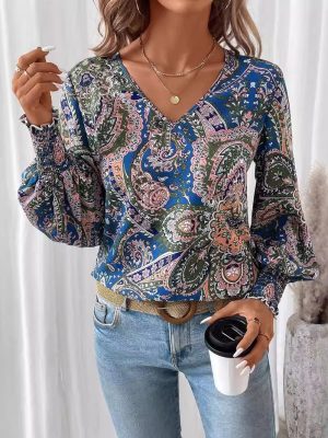 Elegant V-Neck Printed Lantern Sleeve Long Shirt Top for Women