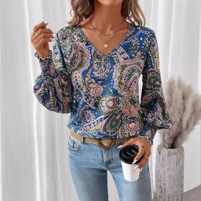 Elegant V-Neck Printed Lantern Sleeve Long Shirt Top for Women