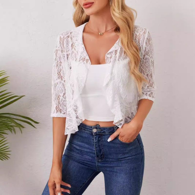 Elegant Ruffled Lace Top - Short Open Placket Women’s Blouse - Image 3