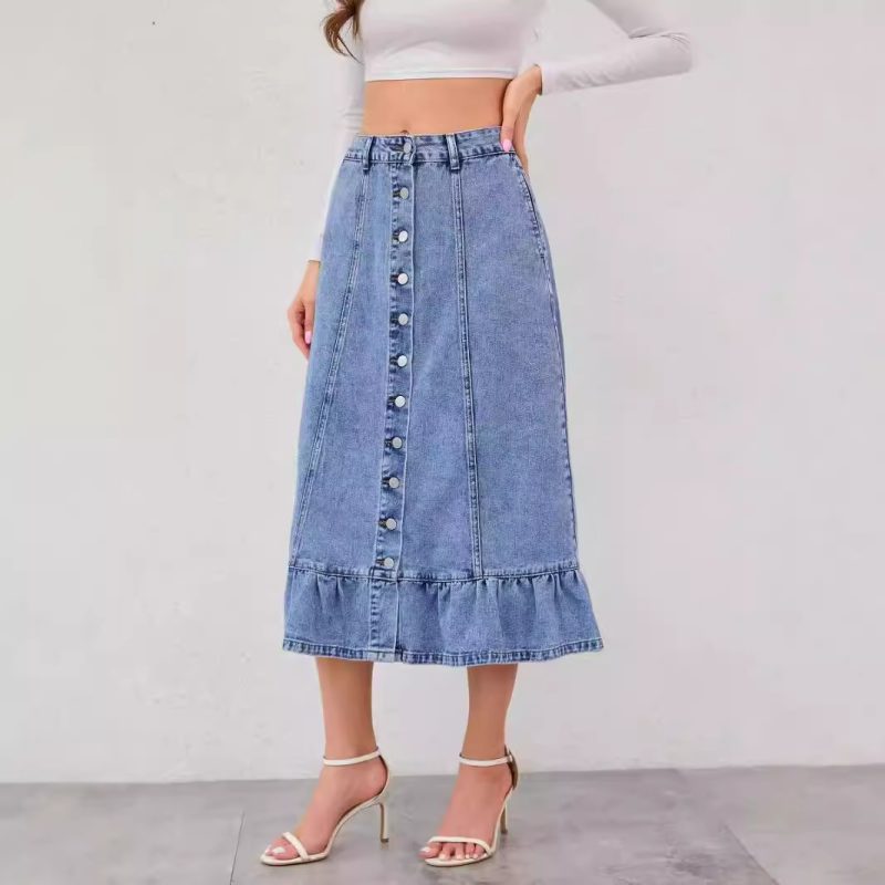 High-Waist A-Line Denim Skirt with Fishtail & Ruffles - Image 2
