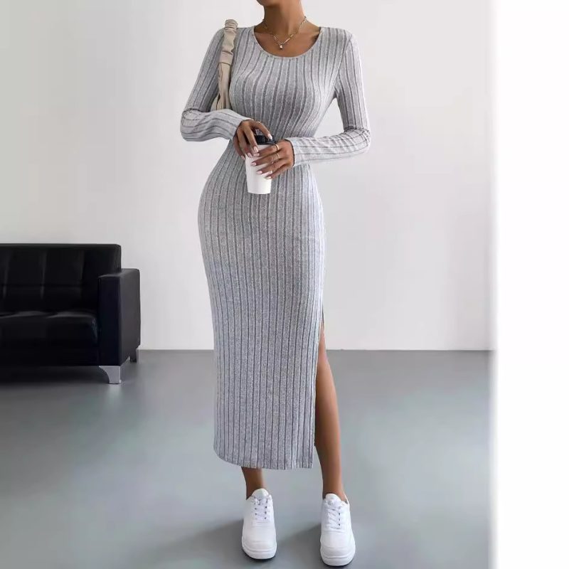 Long Sleeve Crew Neck Split Maxi Dress - Autumn/Winter - Image 3