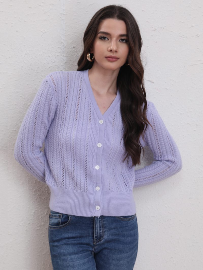 V-Neck Buckle Hollow Out Knitted Cardigan - Autumn/Winter - Image 2