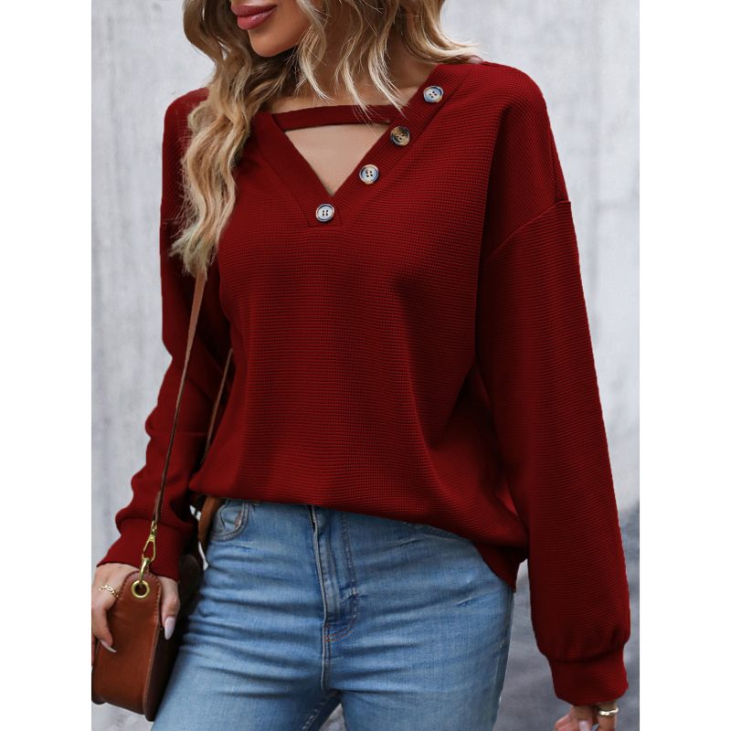 Autumn V-Neck Hollow Out Knitted Top - Long Sleeve - Image 2