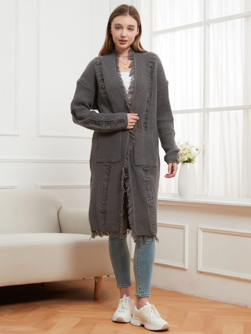 Women’s Knitted Solid Color Frayed Cardigan Sweater Coat - Image 2
