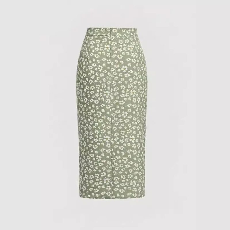 High Waist Chrysanthemum Print Slit Sheath Skirt - Summer - Image 2