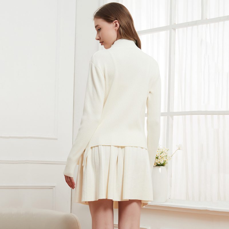 Solid Color Stand Collar Sweater & Pleated Skirt Set - College Style - Image 2