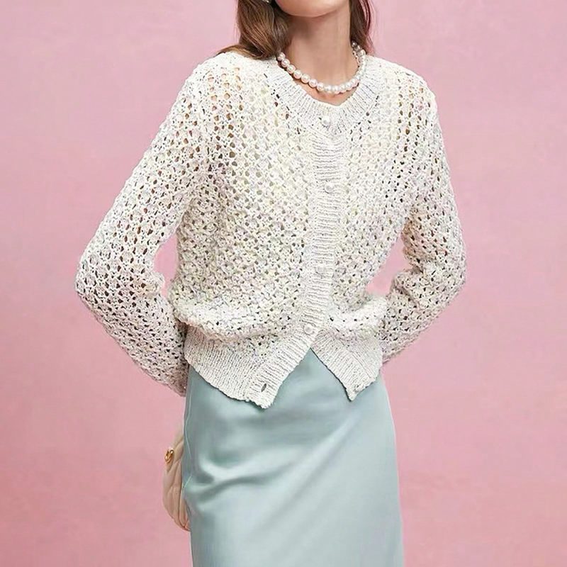 Lightweight Hollow Out Cutout Round Neck Cardigan for Women