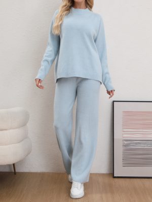 Solid Color Sweater & Knitted Trousers Set – Casual Two-Piece