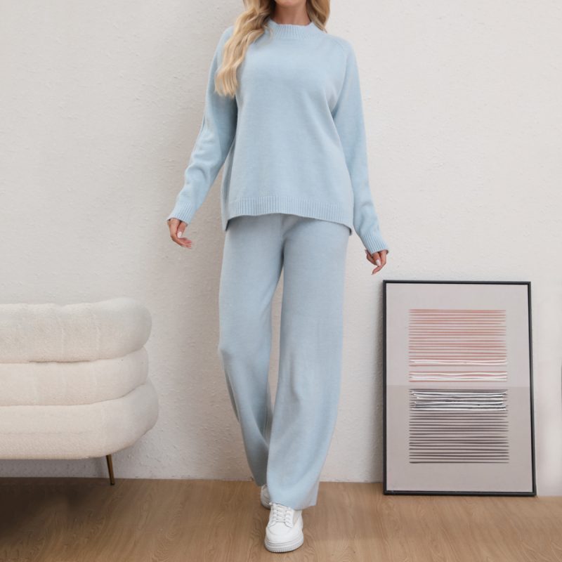 Solid Color Sweater & Knitted Trousers Set - Casual Two-Piece