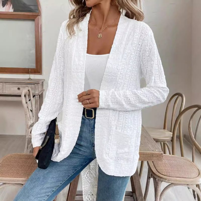 Solid Color Lace Jacket - Double Pocket Long Sleeve Open Coat - Image 4