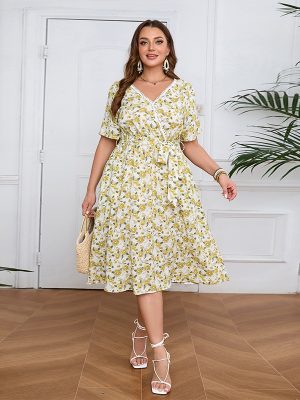 Plus Size V-Neck Floral Lace Summer Midi Dress with Pockets