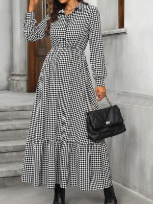 Black and White Plaid Long Sleeve High Waist Dress with Collar