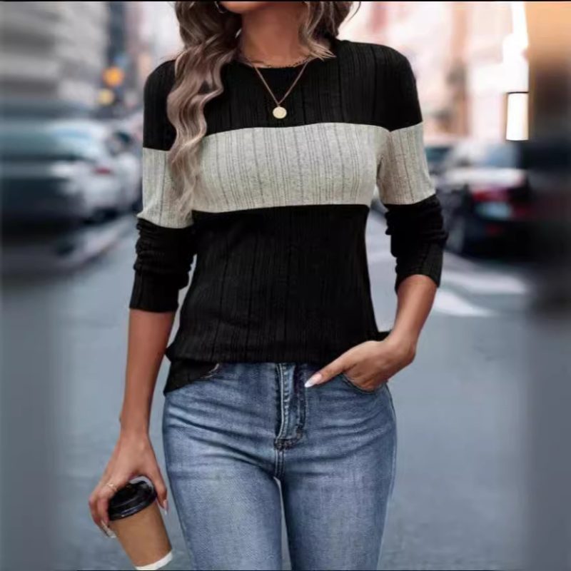 Color-Blocked Round Neck Pullover - Loose Long Sleeve T-Shirt