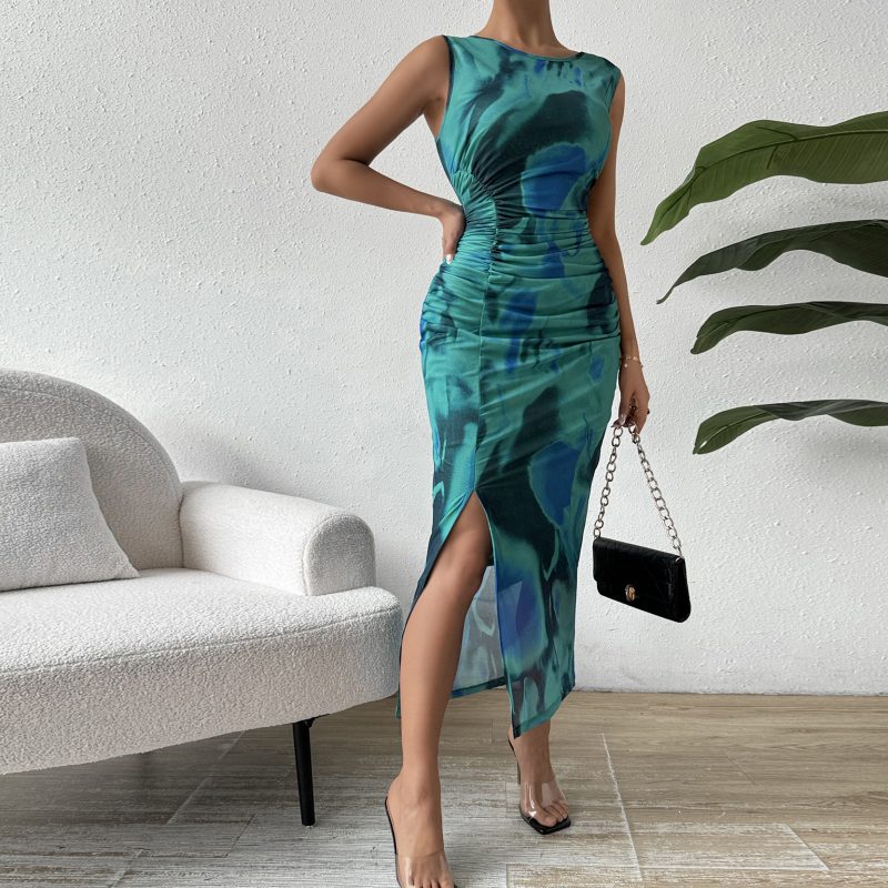 Sleeveless Slim Print Round Neck Dress with Slit Hemline - Image 2