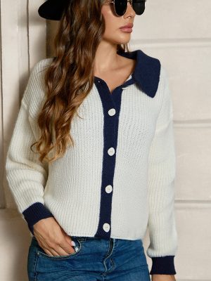 Polo Collar Knitted Cardigan – Long Sleeve Solid Color Top