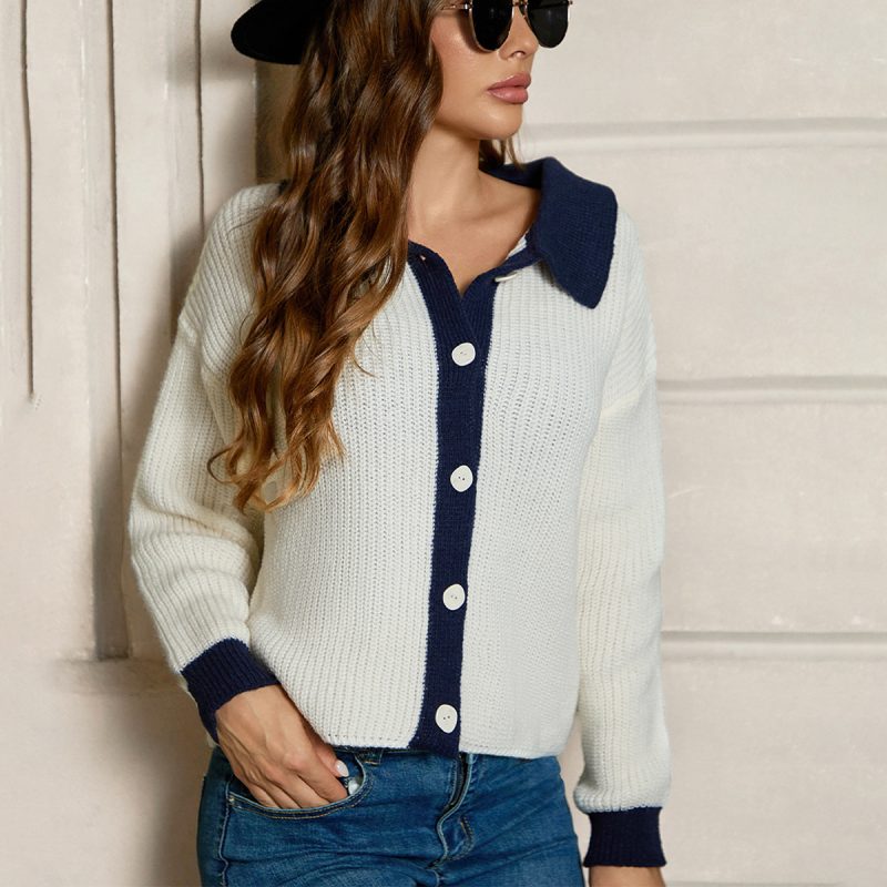 Polo Collar Knitted Cardigan - Long Sleeve Solid Color Top