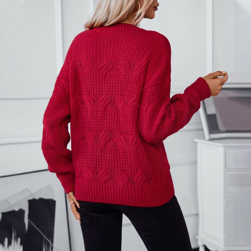 Solid Color Woven Sweater - Casual Autumn Winter Top - Image 2