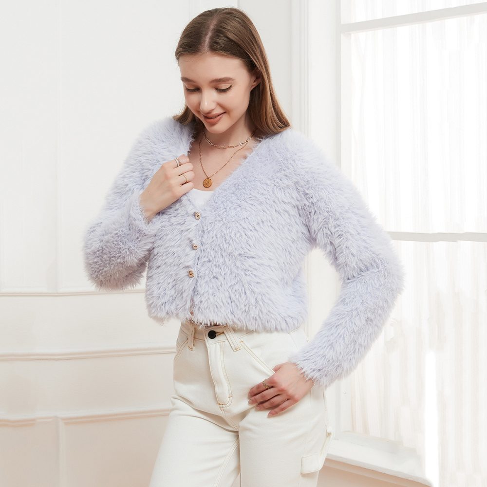 Mink-Like V Neck Knitted Cardigan - Casual Short Coat - Image 3