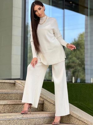 Solid Color Half Collar Knitted Two-Piece Set for Women