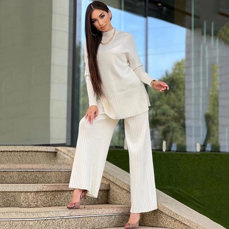 Solid Color Half Collar Knitted Two-Piece Set for Women