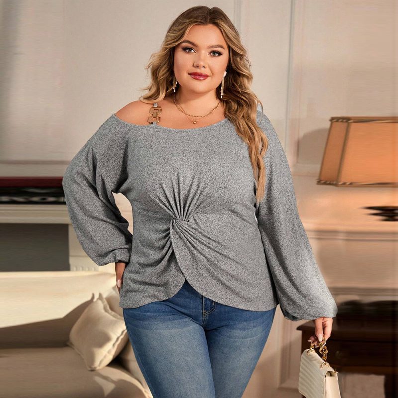 Plus Size Elegant Diagonal Collar T-Shirt - Slim Fit, Autumn/Winter