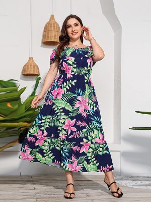 Plus Size Color Printed Off-the-Neck Beach Dress