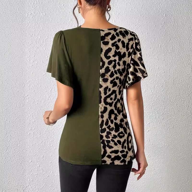 Leopard Print Asymmetric Collar Butterfly Sleeve Patchwork Top - Image 2