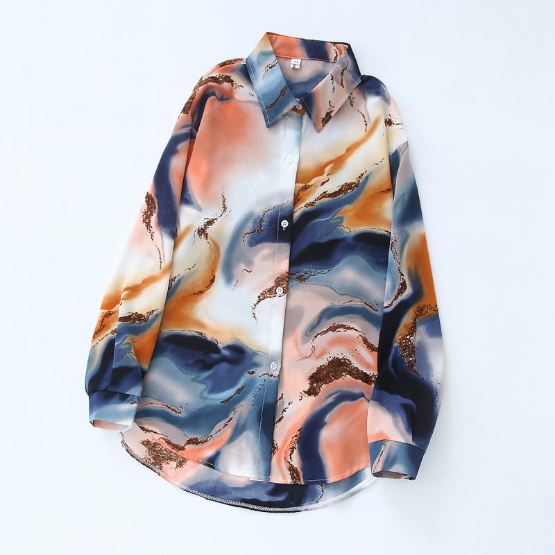 Retro Tie-Dye Satin Shirt - High-End Autumn Western French Women’s Top - Image 2