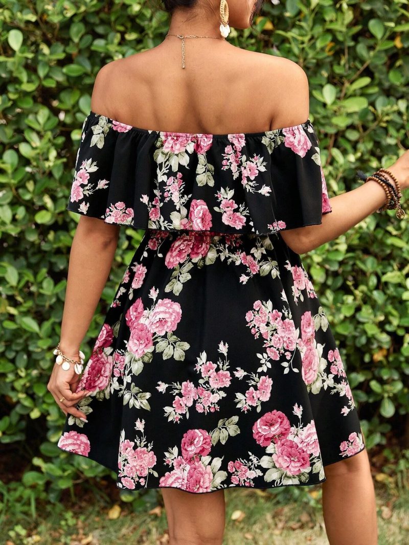 Elegant Off-Shoulder Floral Print Dress - Summer Holiday - Image 4