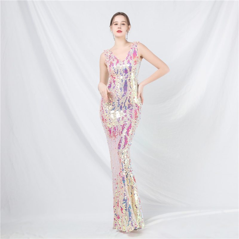 Colorful Sequin Long Evening Dress - Designer Style - Image 2