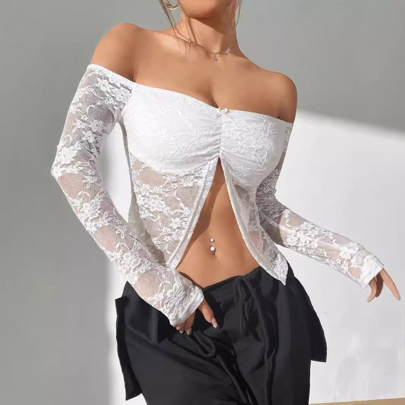 Elegant Off-Shoulder Lace Asymmetric Long Sleeve Top for Women - Image 3