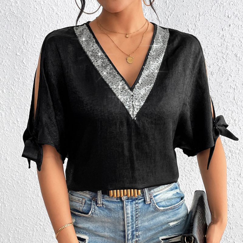 Casual V Neck Off-the-Shoulder Short Sleeve Top for Spring/Summer