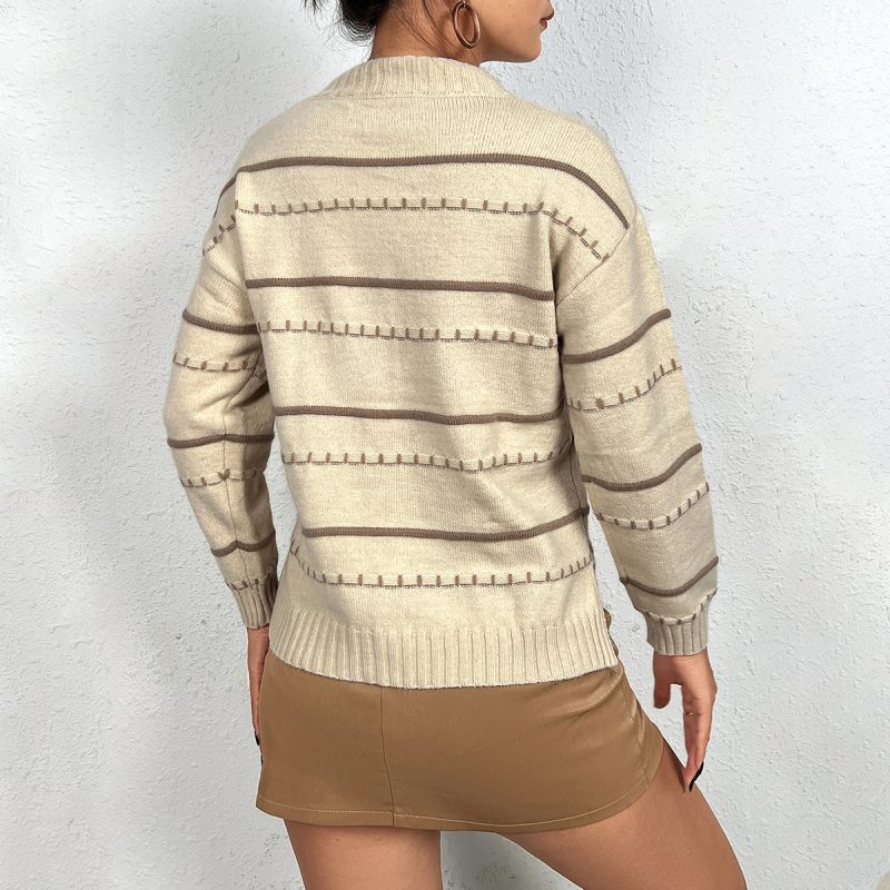 Classic Striped Half Turtleneck Sweater - Cutout Long Sleeve - Image 4