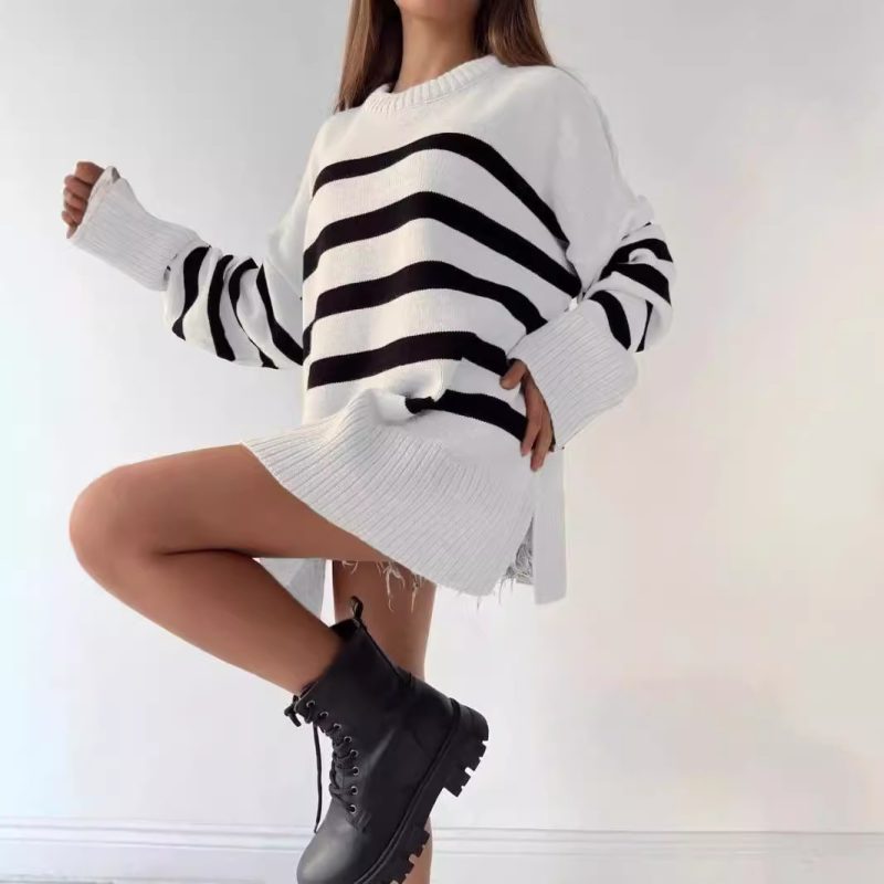 Casual Striped Crew Neck Pullover - Loose Fit Autumn Winter Sweater - Image 3