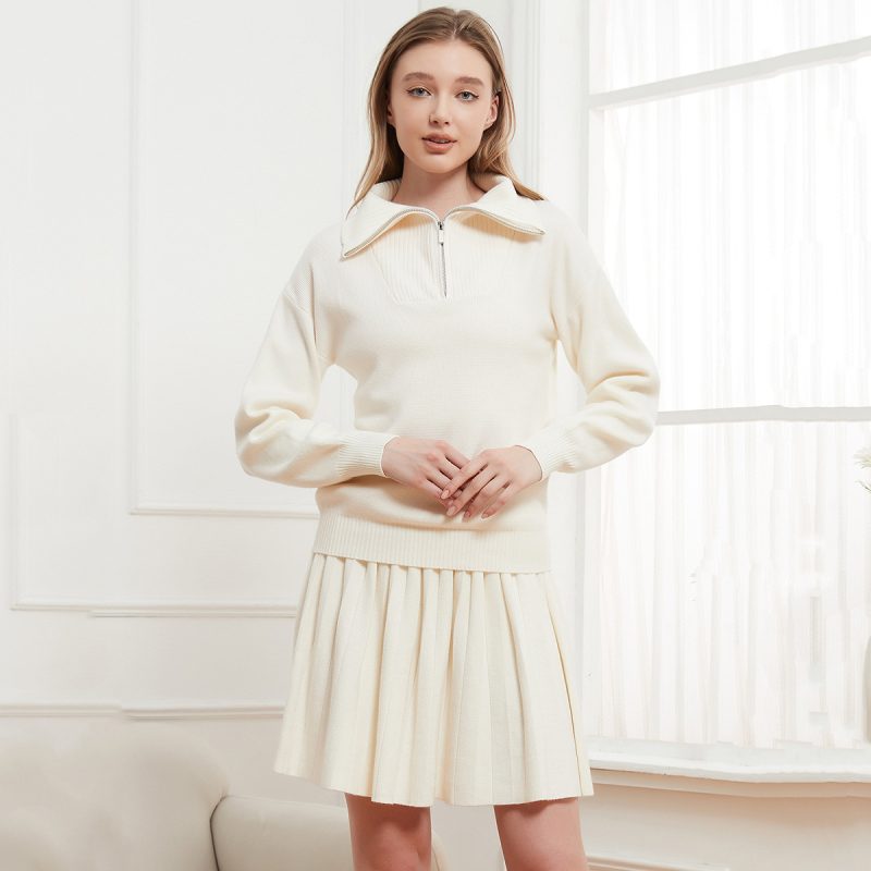 Solid Color Zipper Pullover & Pleated Skirt Set - College Style