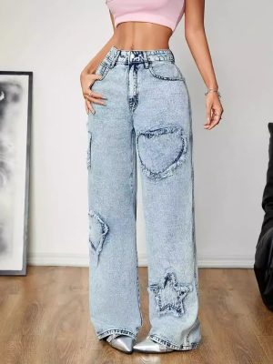 Retro High-Waist Jeans with Star Embroidery – Baggy & Straight