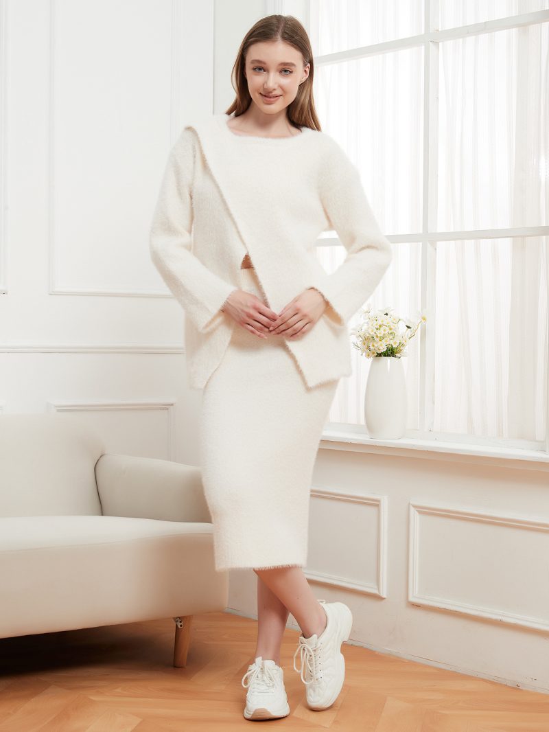 Round Neck Asymmetric Knitted Pullover & Sheath Skirt Set - Image 4