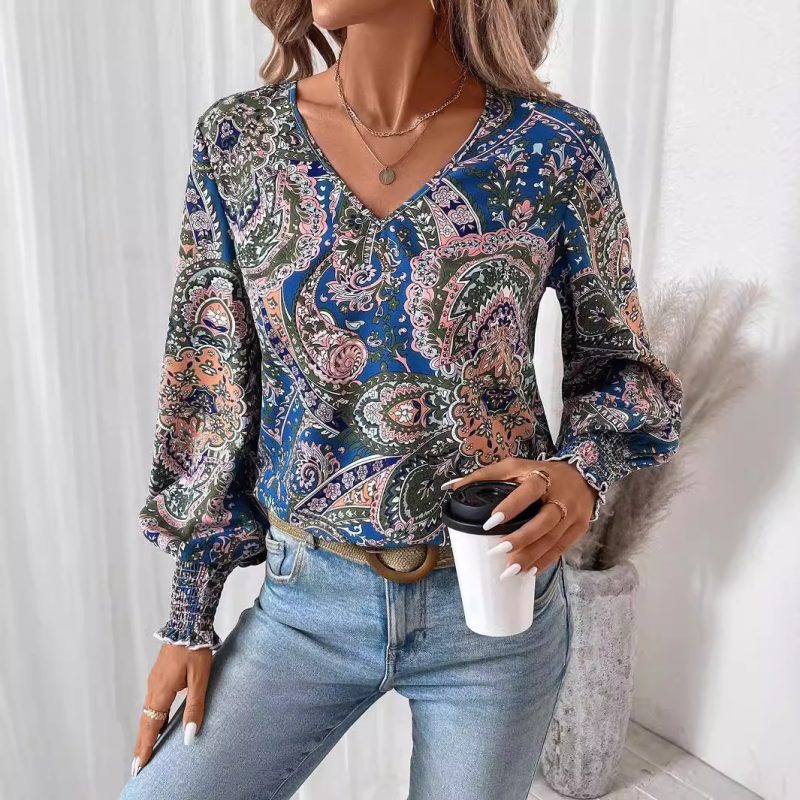 Elegant V-Neck Printed Lantern Sleeve Long Shirt Top for Women - Image 4