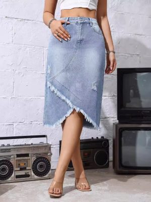 Women’s High-Waist Denim Skirt with Raw Hem and Split