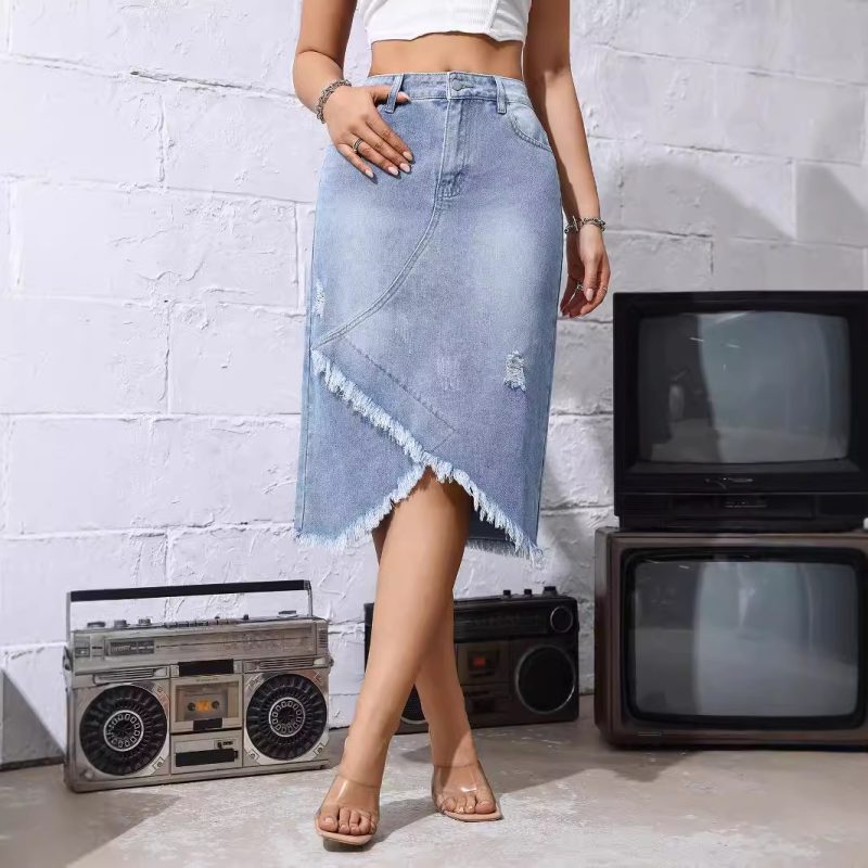 Women's High-Waist Denim Skirt with Raw Hem and Split