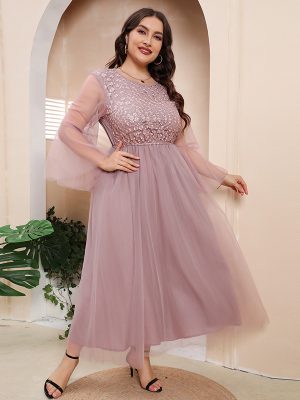 Plus Size Mesh Long Sleeve Midi Cocktail Dress