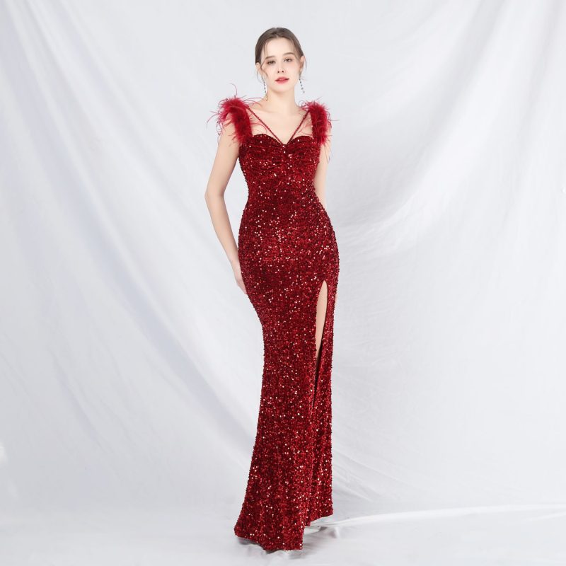 Sequin Ostrich Plush Bottom Evening Dress - Image 5