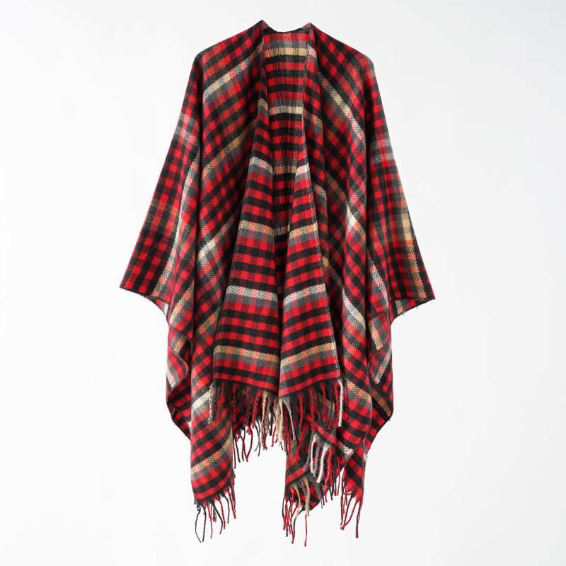 Plaid Cashmere-Like Cape Shawl - Warm Tassel Scarf for Women - Image 2