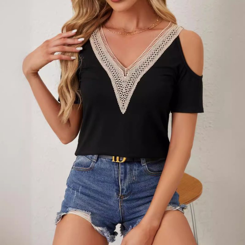 Elegant Lace V Neck Hollow Out Short Sleeve Top