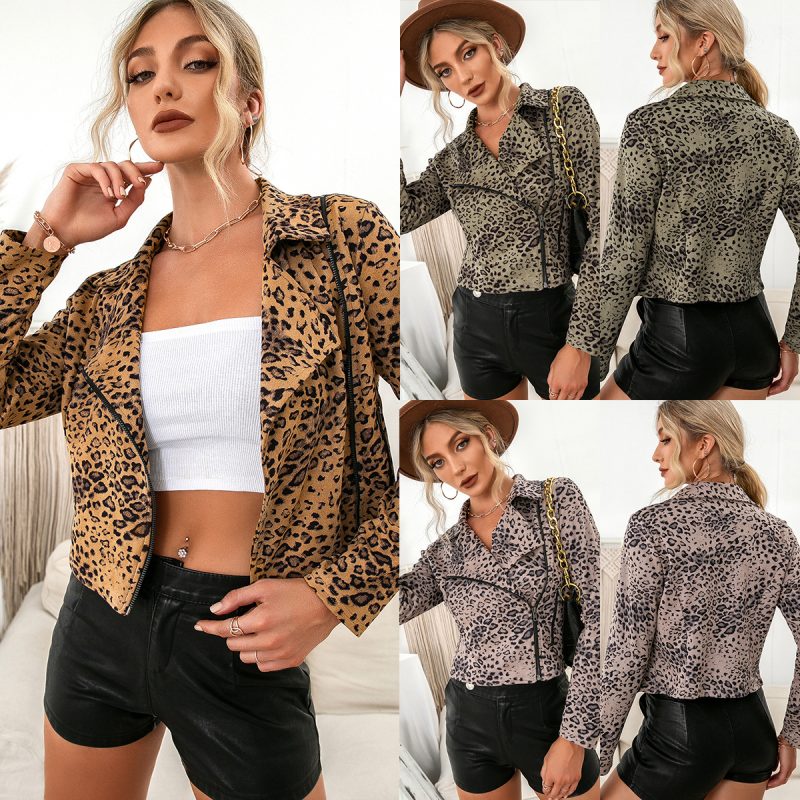 Women's Autumn Winter Casual Leopard Print Long Sleeve Side Zipper Jacket - Image 5