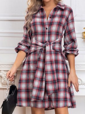 Plaid Long Sleeve Shirt Dress for Women – Autumn Winter